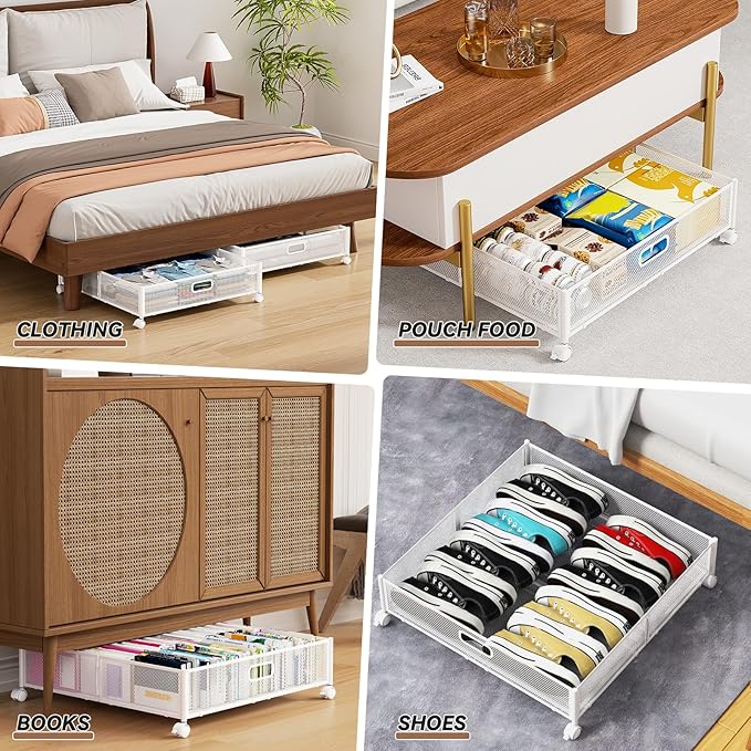 Under Bed Storage with Wheels & Handle,Metal,Large,2 Pack,White | Tool-free assembly, glide smoothly, easy reach, foldable, maxmazie low-profile beds, dorm, keep seasonal clothes, shoes fresh
