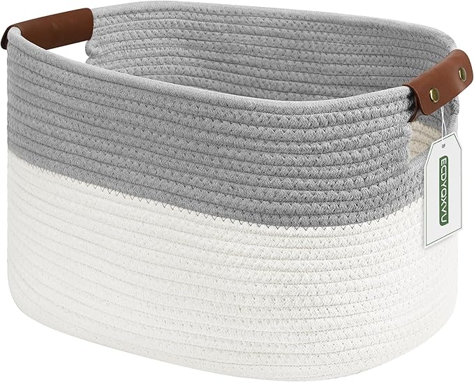 ECDYQXVU 15x10x9 Woven Cotton Rope Storage Basket, Leather Handles 1 Pack | Foldable Design, Sturdy PU Handles, Easy to Clean Organizer for Living Room, Closet, Shelves, Bedroom, Laundry, Clothes