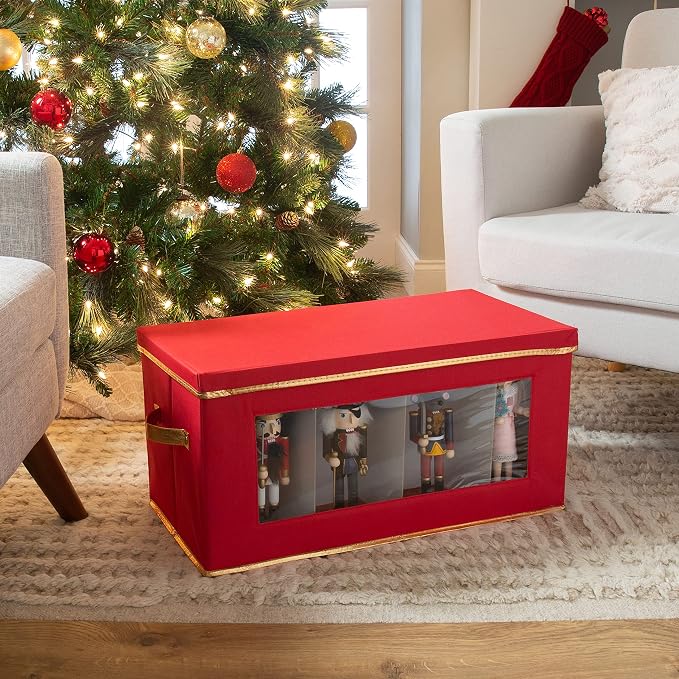 Simplify Holiday Figurine Storage Box | 8 Compartments | Seasonal and Christmas Décor Organizer | Nutcrackers | Lidded | Red (Pack of 2)