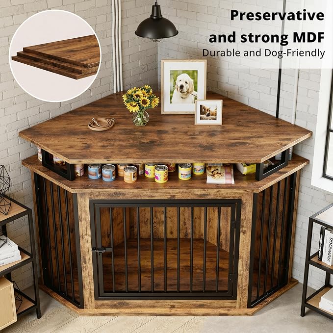 IRONCK 51" Large Corner Dog Crate Furniture with 2-Tier Storage Shelves | 10mm thickened iron frame. 2-tier shelves and 200 lb top. Space-saving design. 26.7" L x 51.2" W x 33.5" H. Rustic Brown