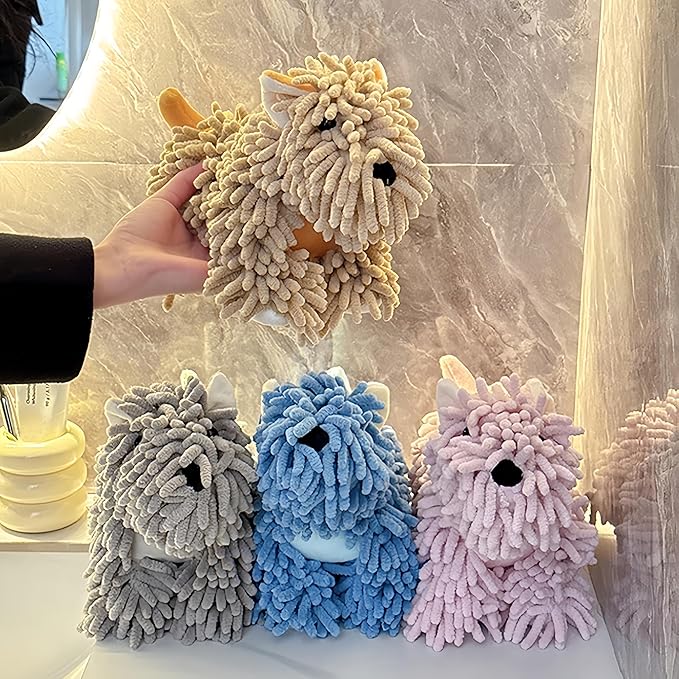 Cute Puppy Chenille Hand Towel for Bathroom Kitchen 10.2x5.1 Inch Fluffy Soft Absorbent Chenille Towel Funny Hand Towels Gift for Women Dog Lovers (Grey)