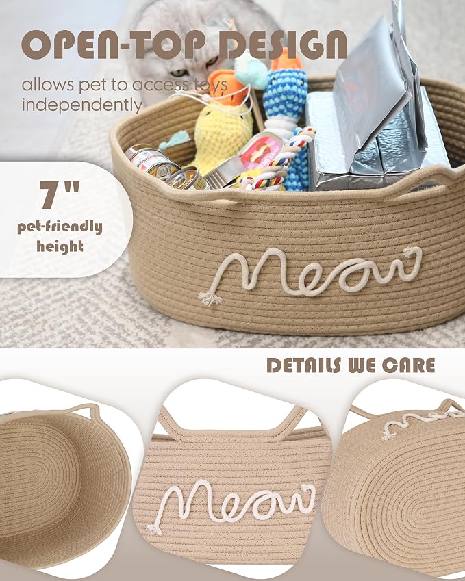 Sea Team Cat Toy Storage Basket with Handles and Ears, Beige Meow | Large Cotton Rope Storage Bin, Shelf Basket, Organizer for Pet Chew Toys, Foods, 16.5 x 11 x 7 Inches, 4.4 Gallons