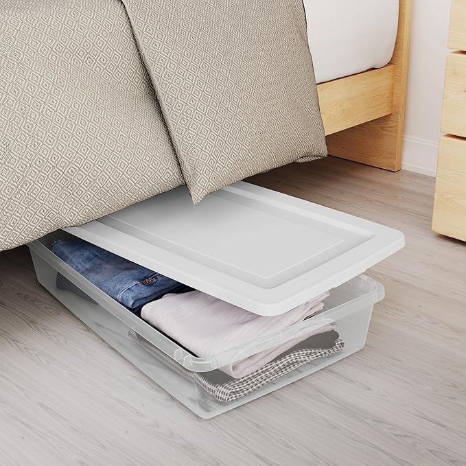 Sterilite 41 Qt Underbed Storage Box, Stackable Bin with Lid, Plastic Container to Organize Bedroom, Clear Base and White Lid, (Pack of 6) | Clear Plastic Containers with Secure Snapping White Lids for Home and Office Organization