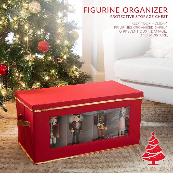 Simplify Holiday Figurine Storage Box | 8 Compartments | Seasonal and Christmas Décor Organizer | Nutcrackers | Lidded | Red