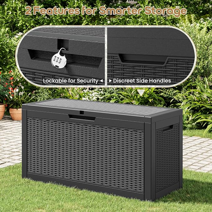 75 Gallon Outdoor Storage Box Waterproof Deck Box for Patio | Black, Resin, Weatherproof, Lockable, Compact, Easy Assembly, Patio Cushions Storage, Pool Garden Accessories Organization