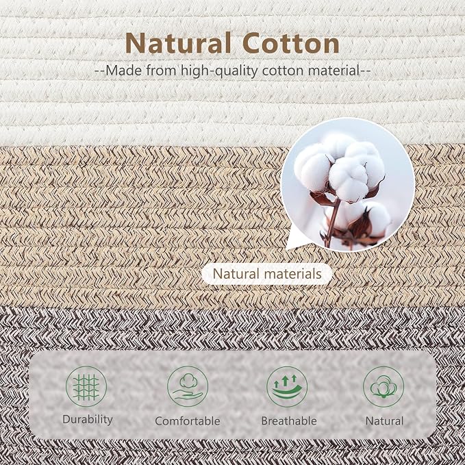 ECDYQXVU 15x10x9 Inch Woven Cotton Rope Storage Basket, 1 Pack | Foldable Design, Built-in Handles, Space-saving Organizer for Living Room, Bedroom, Laundry, Shelves, Clothes, Towels