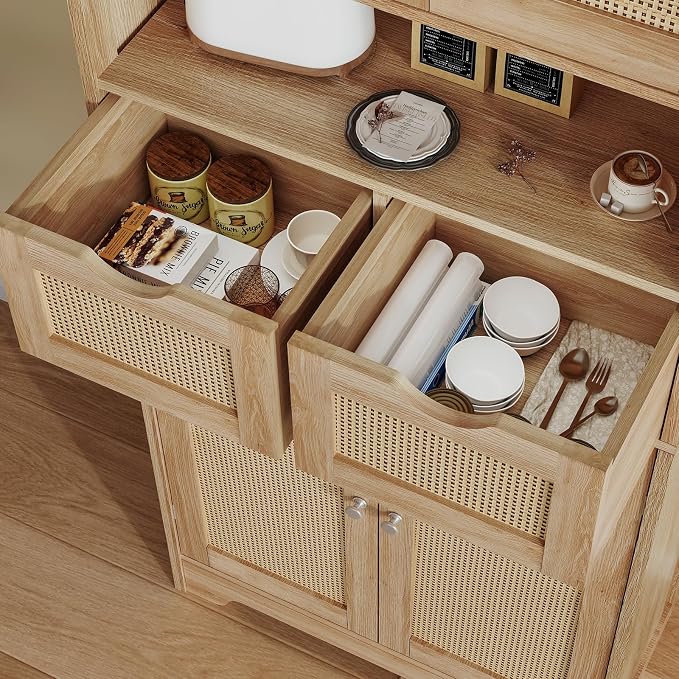 TEENFON 57.8" H Tall Storage Cabinet with 2 Drawers & 2 Adjustable Shelves, Rattan Cabinets with 4 Doors, Cupboard, Kitchen Cabinets, Pantry Cabinet, Tall Cabinet for Living Room, Entryway, Natural