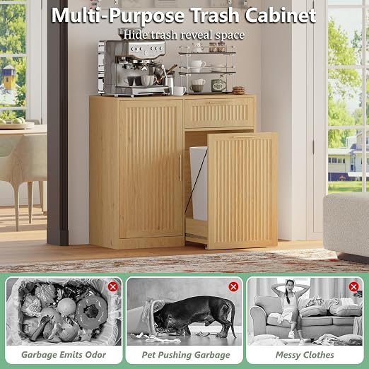 Single 13 Gallon Pull Out Trash Can Cabinet with Storage Cabinet,Natural | Pet Proof Hidden Garbage Can Cabinet,3-Tier Shelves,Fluted Design,Extra Drawer Space,Kitchen & Dining Room Organization
