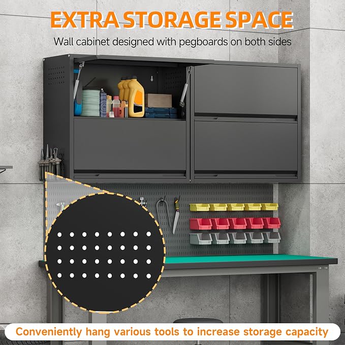 Garage Wall Cabinet, 25.6" H Metal Wall Cabinet with 2 Up-Flip Door | Wall Mounted Metal Storage Cabinet, Upper Cabinet for Kitchen,Garage,Workshop,Warehouse, Assembly Required, Black