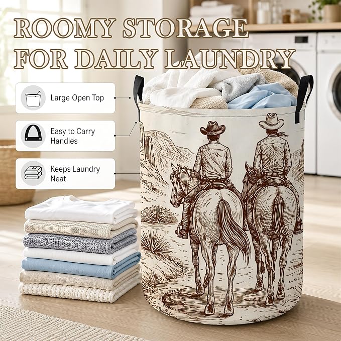 Western Cowboy Laundry Basket, Foldable Oxford Cloth Desert Horse Laundry Hamper with Handles, Tote Bag Clothes Storage Bucket for Laundry Room/Bathroom/Bedroom/Dormitories 20.8"x16"