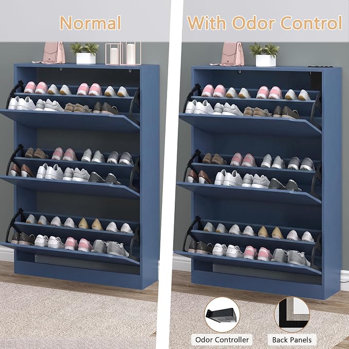 BORNOON Shoe Cabinet with Odor Control and Back Panels, Deodorizing Slim 3-Flip Shoe Storage Cabinet for Entryway, Freestanding Hidden Shoe Rack Organizer for Entrance, Hallway, Bedroom