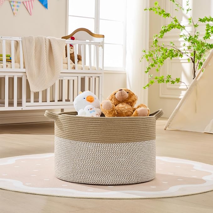 KAKAMAY Large Blanket Basket with Handles, Storage Basket for Living Room | Extra Large Capacity | Natural Cotton Rope | Blanket Storage | Woven Storage Basket | Stuffed Animal Storage | Laundry Basket