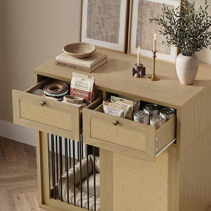 PureCozy Wooden Dog Crate Furniture, Left Unit, 40 Inch, Light Oak | Cane cabinet and metal sliding door with 2 storage drawers; furniture-style indoor kennel doubles as an end table.