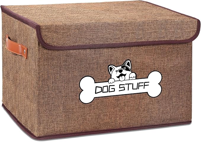 Dog Toy Basket with Lid, Collapsible Box for Pet Accessories | Storage Bin for Living Room, Fabric Container with Handle, Organizer for Small Medium dogs, Coffee