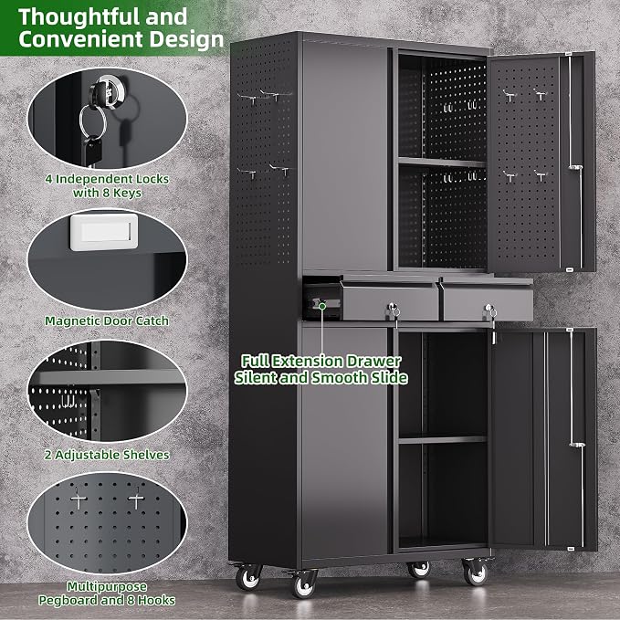 Reemoon Garage Storage Cabinet with Wheels and Doors,71" H Metal Storage Cabinet with Pegboard and 2 Drawers for Garage, Warehouse,Home,Required Assembly,Black and Dark Grey