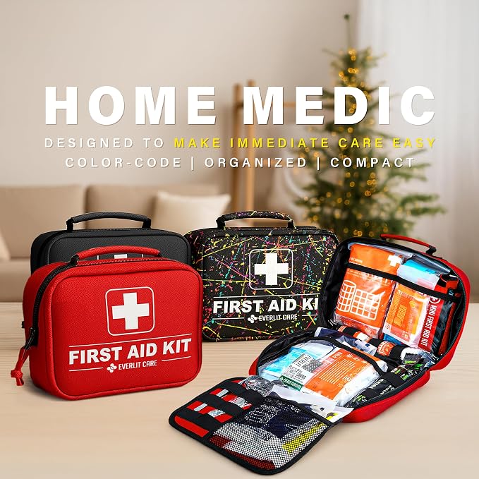 Everlit Care 380 Pcs First Aid Kit All-Purpose Medical Essential Kit for Cuts, Scrapes, Burns, Emergency Preparedness | for Home, Office, Car, Travel, Camping, Outdoor (Black)