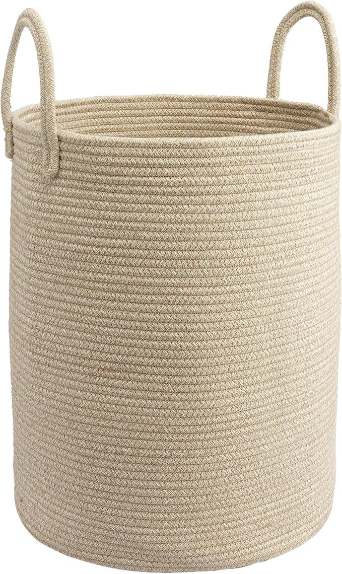 Woven Cotton Rope Laundry Basket, 15" x 20" Laundry Hamper, Oatmeal | Rope storage basket for dirty clothes, toys and blankets. Perfect for bathroom, baby nursery and living room storage.