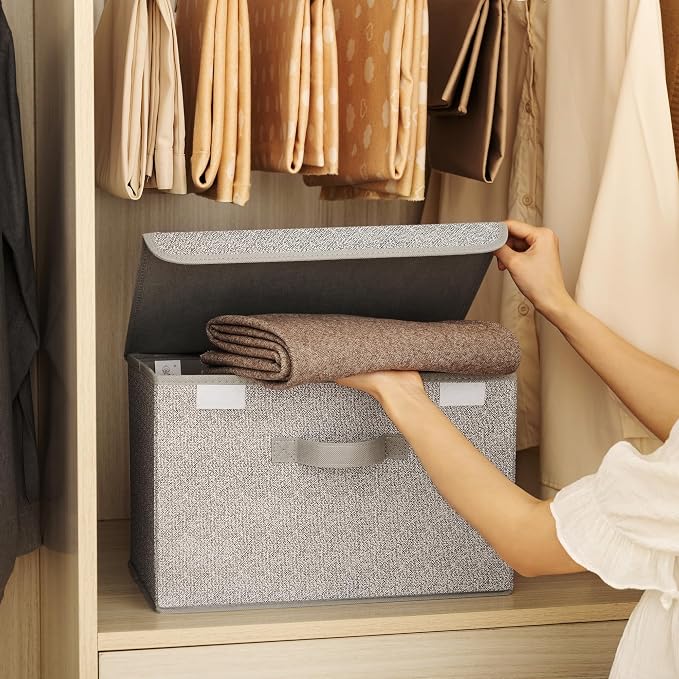 GRANNY SAYS Storage Baskets with Lids, Clothes Storage Boxes, Fabric Storage Bins, Keepsake Box, Closet Organizers and Storage, Gray, 2-Pack | Flip-Top Lid, Collapsible, Stackable, 3 Handles, Ideal for Closet Clothes Blanket Toys, Large, Gray, 2-Pack