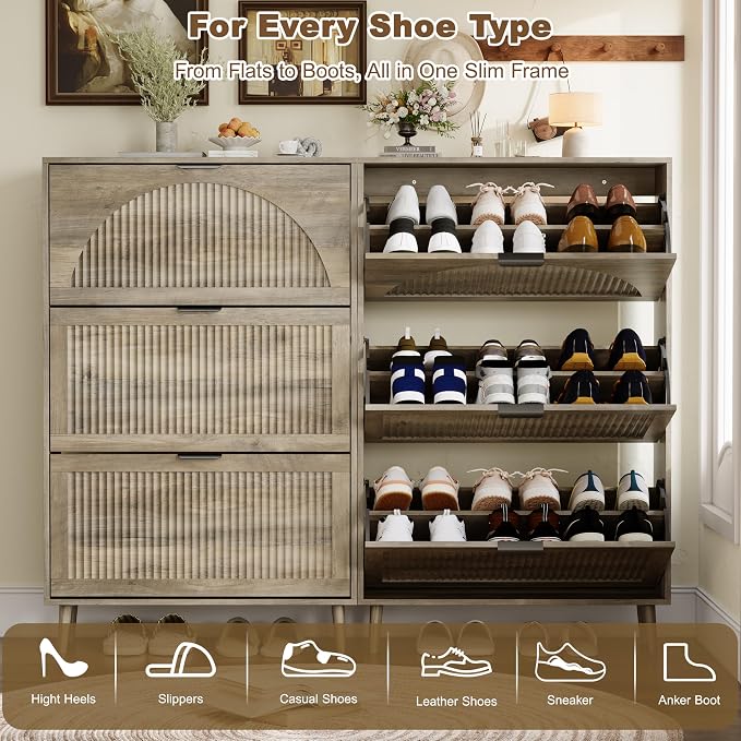 Shoe Storage Cabinet with 3 Flip Drawers, Narrow Wood Shoe Organizer Cabinet with Fluted Panel, Slim Shoe Rack for Entryway, Freestanding Shoe Cabinet for Living Room, Hallway, Grey