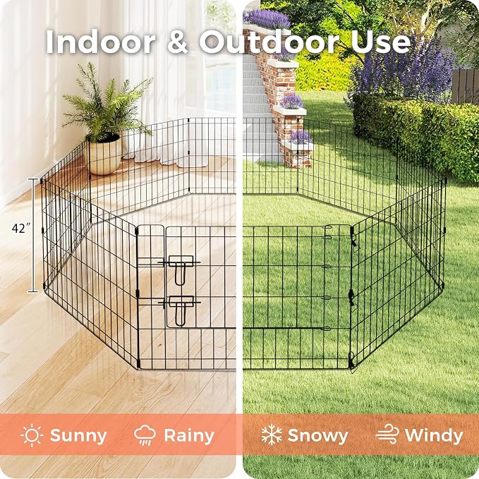 42" H Dog Playpen, 8 Panels Foldable Metal Pet Exercise Pen with Door | Pet Dog Fence for Medium-Large Dogs, Indoor/Outdoor Use Metal Playpen, Portable Fence for Yard Garden Camping, Black