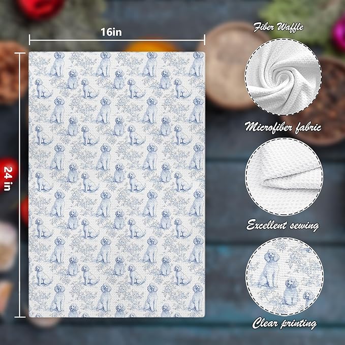 Chinoiserie Poodle Decor Kitchen Towels, Blue and White Botanical Grandmillennial Dog Decorative Dish Tea Towels,Poodle Gifts for Kitchen Bathroom Decor, 16x24 Inch