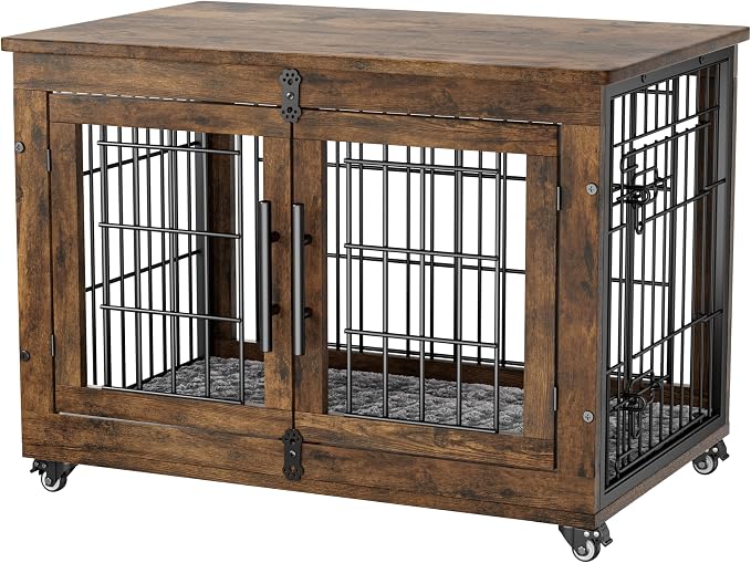 YaFiti Dog Crate Furniture, 32.5” Wooden Indoor Dog Kennel, Rustic Brown | Cushion, Wheels, Double Doors, Furniture Style, Side End Table, Decorative Pet Cage House, Up to 45 lb, for Small/Medium Dogs