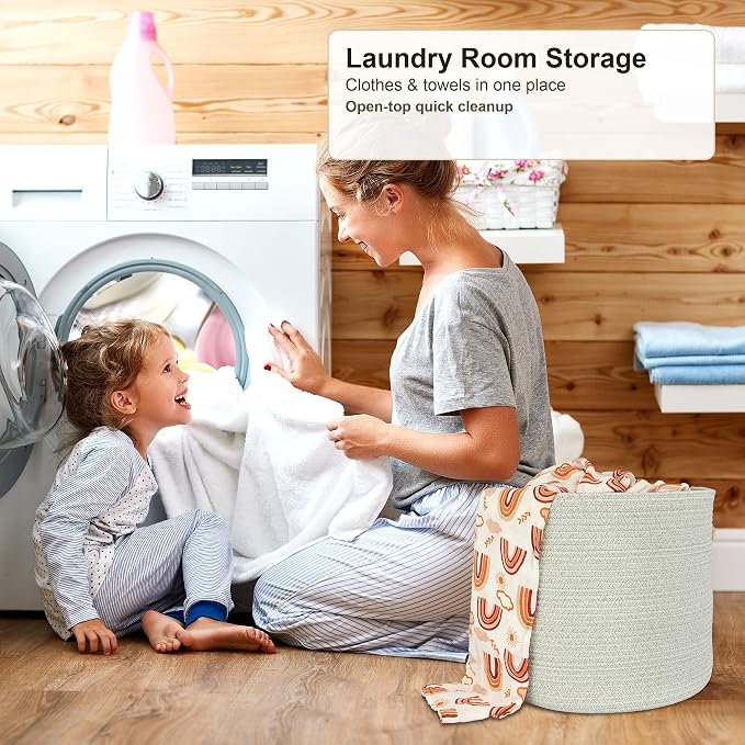 XUANGUO Cotton Rope Baskets For Girls Boys Kids 16”X14” Light Green | Baby Laundry Baskets, Blanket Basket, Nursery Bin; Round Woven Basket Organizer for Toy Storage, Blankets, Shoes and Clothes