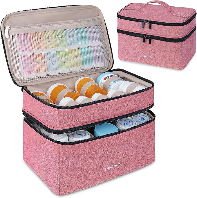 Lexeeco Dual Layers Medicine Pill Bottle Organizer Bag with Lockable Zipper | Portable Medication Bag for Pills,Vitamins,Fish Oil,Medicine Storage Box for College Dorm Student,Home,Large Travel Pill Case