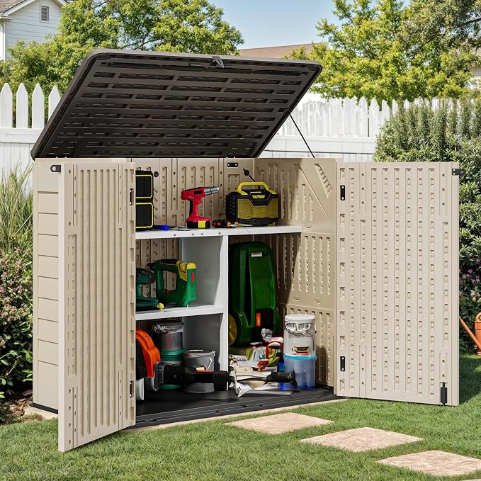 YITAHOME 30 CuFt Outdoor Storage Shed with Shelf, Horizontal Storage Cabinet for Garden Tool, Waterproof Outdoor Storage Shed for Garage, Resin Pool Storage, Easy to Assemble, Khaki & Brown