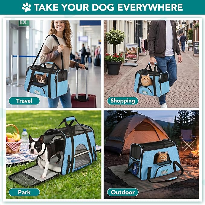 PetAmi Airline Approved Pet Carrier for Cats & Small Dogs, Small Light Blue | Soft Sided TSA Travel Bag, Sherpa Bed, Breathable Mesh Ventilation, Collapsible Bowl, Fits Under Seat, Up to 18 lbs