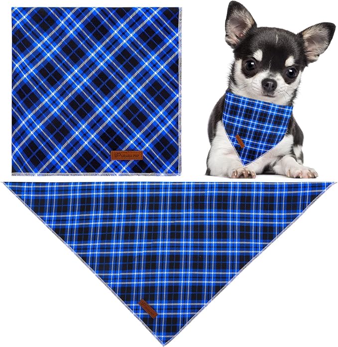 Christmas Dog Bandana, UP URARA PUP Blue Plaid Triangle Bid Scarf, Cotton Pet Kerchief for Girl Boy Dogs or Cats, Blue Winter Dog Bandana, Fancy for Puppy