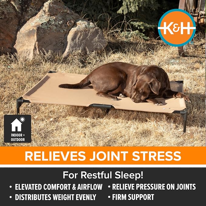 K&H Outdoor Elevated Dog Bed, Cooling Raised Dog Bed, XL 50x32in, Tan | Pet Cot for Large & Extra Large Pets, Breathable Mesh 360 Hammock Design, Indoor/Outdoor Washable Cover, Portable Metal Frame