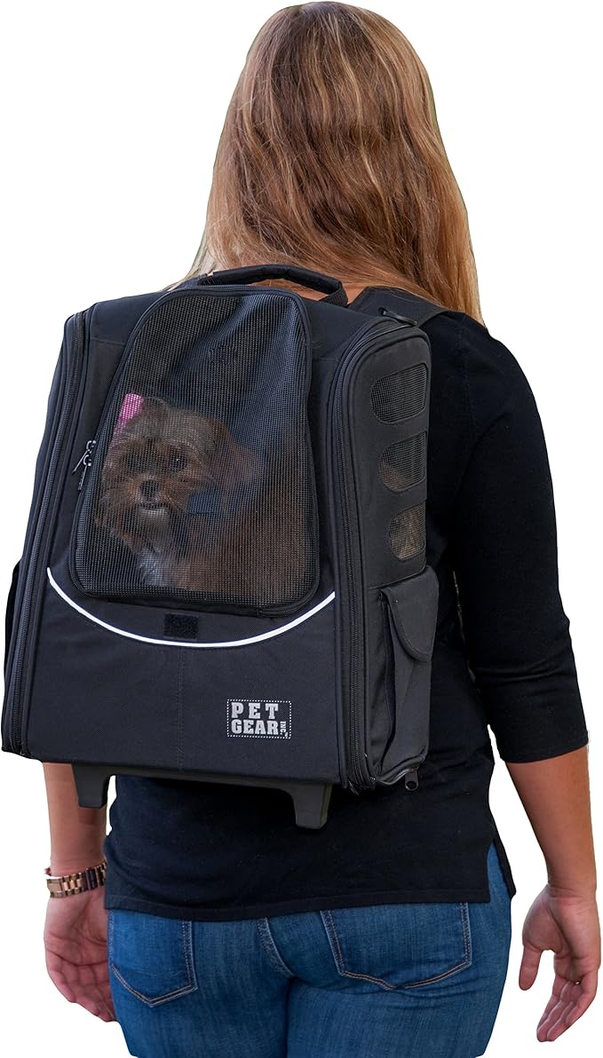 Pet Gear I-GO2 Escort Roller Backpack, Travel Carrier, Car Seat for Cats/Dogs, Mesh Ventilation, Included Tether, Telescoping Handle, Storage Pouch, Onyx