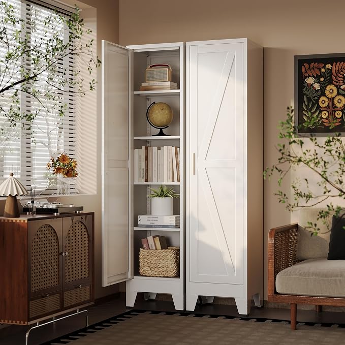 67" H Broom Closet Storage Cabinet,Metal Cleaning Cabinet,Narrow Storage Cabinets with 4 Adjustable Shelves,Slim Tall Floor Cabinet
