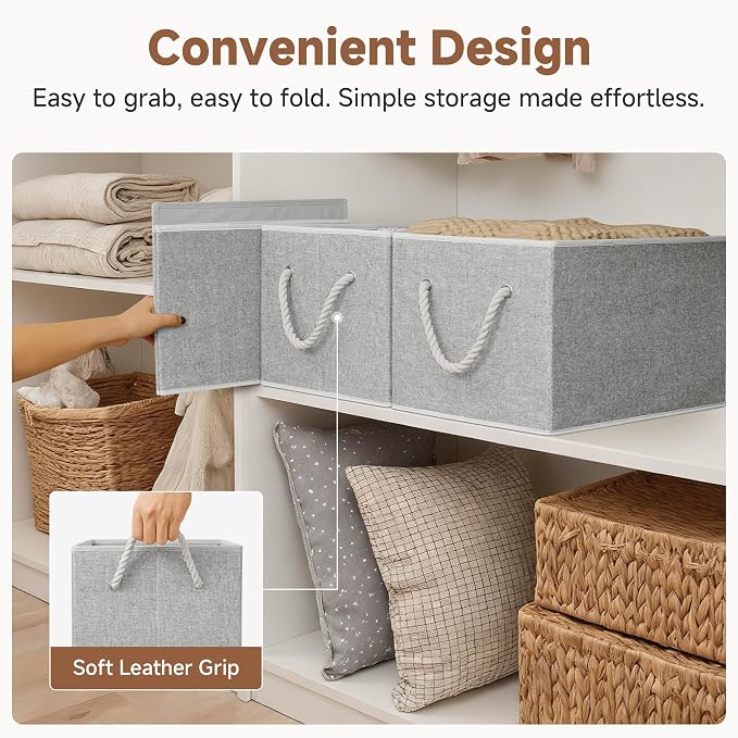 StorageWorks Storage Bins with Rope Handles, Gray, Extra Large, 3-Pack | Fabric Storage Bins for Shelves, Storage Baskets for Closet Organization, Organizer Bins for Clothes Storage
