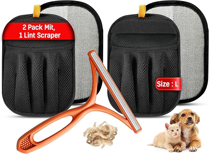 3pcs Pet Hair Removal Gloves for Dogs & Cats (2 Gloves + 1 Lint Scraper) | Electrostatic Magic Brush Clothes, Sofa, Carpets, Couch & Car Mats | Reuseable | Thickened | Newly Upgraded Model