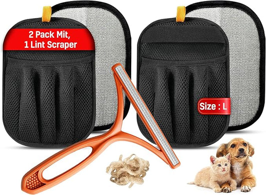 3pcs Pet Hair Removal Gloves for Dogs & Cats (2 Gloves + 1 Lint Scraper) | Electrostatic Magic Brush Clothes, Sofa, Carpets, Couch & Car Mats | Reuseable | Thickened | Newly Upgraded Model