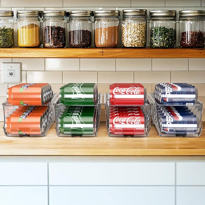 Simple Houseware 4-Pack Auto-Rolling Beverage Can Organizer for Fridge | Clear, Set of 4, Front-Loading Soda Dispenser with Smooth Glide Design, Space-Saving Refrigerator Storage Bins