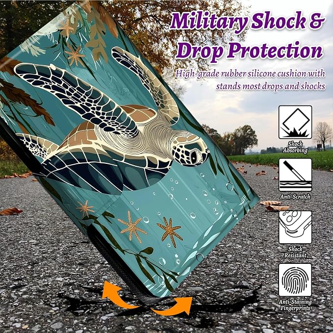 Rotating Handle Case for Samsung Galaxy Tab A7 Lite 2021 8.7", 360 Degree Swivel Kickstand with Magnetic Closure Shockproof Leather Protective Cover for Women Men, Retro Turtle Ocean
