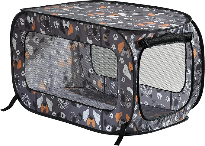Portable Collapsible Pop Up Kennel, 24" L x 16.6" W x 16" H, Face of Love | Collapsible indoor/outdoor travel cat and dog crate with mesh screen windows pops up and folds flat for easy storage