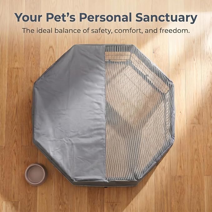 PJYuCien Octagonal Playpen Top Cover for 24" Side Metal Pet Pen, Gray | Cozy Den for Puppy Small Animals, Half Mesh Half Oxford with Silver Coating, Predator & Weather Protection, Snap Hooks