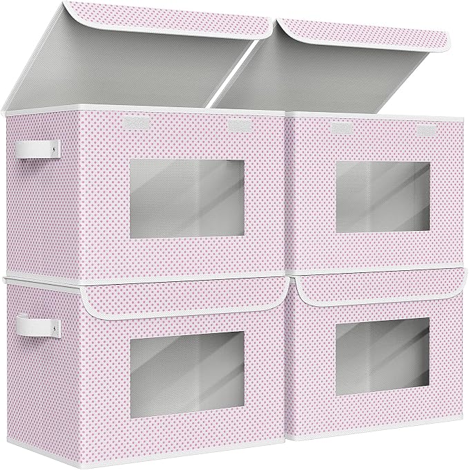 Univivi Fabric Foldable Storage Boxes with Lids, 4 Pack, Pink | 17 x 12 x 12 In Large Stackable Storage Bins with Lids, Closet Organizers and Storage Cube Basket for Home, Office, Bedroom