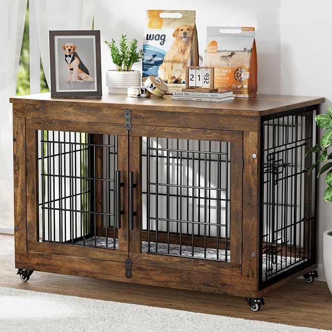 YaFiti Dog Crate Furniture, 38.5" Wooden Indoor Dog Kennel, Rustic Brown | for Large/Medium Dogs, Up to 70 lb, Cushion, Wheels, Double Doors, Furniture Style, Side End Table, Decorative Pet Cage House
