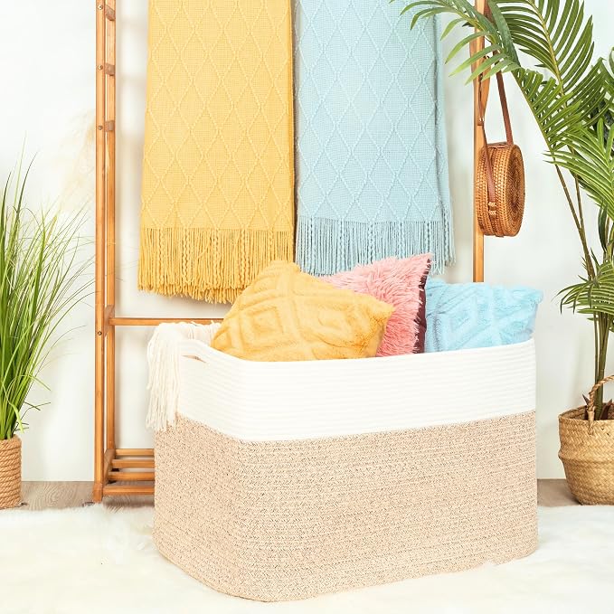 112L Extra Large Blanket Basket Holder Living Room, 25"x17"x16" Rectangle Rope Woven Storage Basket with Handles for Laundry, Pool Towels, Shoes, Dog Toy Organizer Bin Box, Light Brown