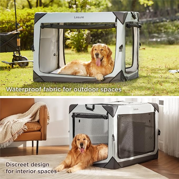 Lesure Portable Soft Collapsible XL Dog Crate, 42in Light Grey | Travel Camping Pet Kennel, 4-door, Indoor and Outdoor Use, Easy to Set Up and Fold, For Extra Large Breeds Up to 90lbs
