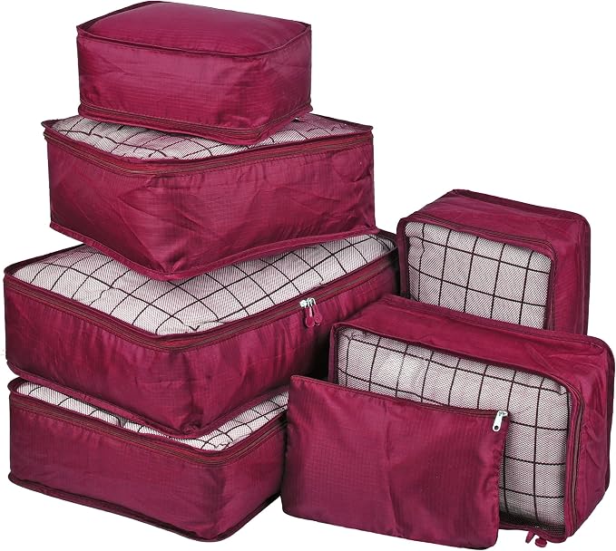 Vercord 7 Set Travel Packing Organizers Cubes Luggage Suitcase Organizer Bags Clothes Underwear Cube Shoe Pouch Pack Burgundy