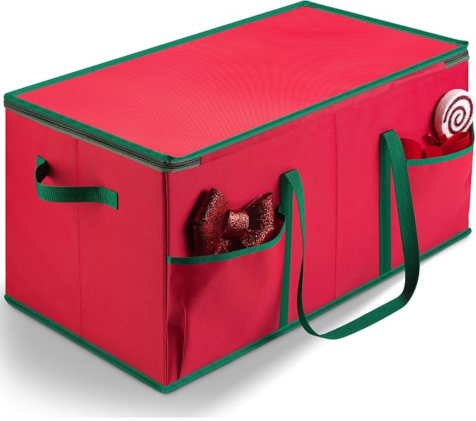 Christmas Ornament Storage - Stores up to 128 Holiday Ornaments, Adjustable Dividers, Zippered Top, Two Handles - Attractive Storage Box Keeps Holiday Decorations Clean and Dry for Next Season (Red)