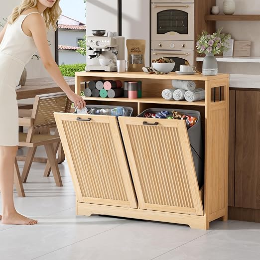 13 Gallon Double Tilt Out Trash Can Cabinet with Open Shelf & Storage - Pet Proof Hidden Recycling Cabinet & Wooden Laundry Hamper for Kitchen, Bathroom, Living Room, Natural Wood