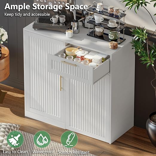 Single 13 Gallon Pull Out Trash Can Cabinet with Storage Cabinet,White | Pet Proof Hidden Garbage Can Cabinet,3-Tier Shelves,Fluted Design,Extra Drawer Space,Kitchen & Dining Room Organization
