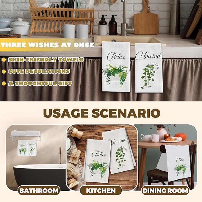 Bath Towels Set of 2, Green Eucalyptus Dish Towel for Bathroom Spa Kitchen, Tub Shower Leaves Decorative Hand Towels, Fast Drying Tea Towel, Housewarming Xmas Gifts for Women Mom -B29